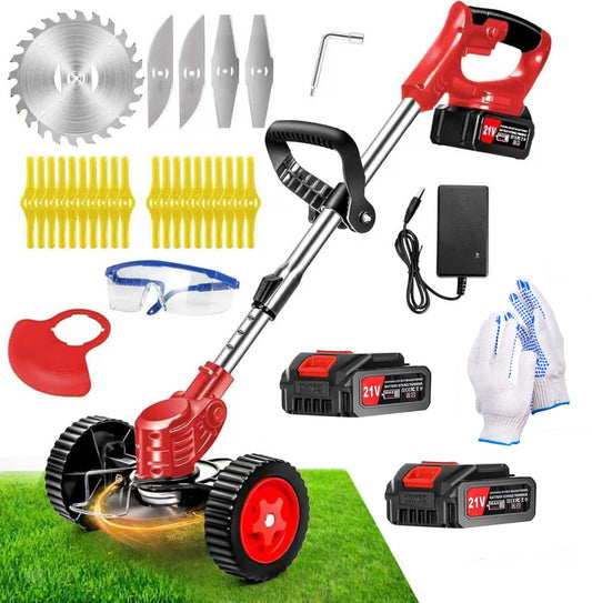 Cordless Weed Wacker, Electric Grass Trimmer 21V 2.0Ah Battery Powered Weed Trimmer, 3 in 1 Stringless Lightweight Brush Cutter/Edger/Mower with 4 Types Blade & Wheels for Garden and Yard Lawn