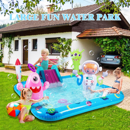 Inflatable Play Center Pool with Slide, Space Astronaut Square Kiddie Pool, 94.5" Square Outdoor Water Play Center with Sprinkler & Ring Toss for Summer Outdoor, Garden/Backyard Fun