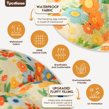 Tycdiose Outdoor Hanging Egg Chair Cushion Replacement, Thicken Egg Chair Cushion Waterproof Basket Eggs Chairs Cushion with Headrest Pillow, U-Shaped Cushions for Hanging Eggs Chairs Swing (Daisy)