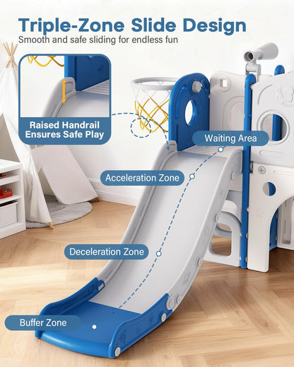 Babytronic Toddler Slide, 8 in 1 Kids Slide with Basketball Hoop, Telescope and Climber, Baby Slide Toddler Playground, Indoor Outdoor Playset for Toddlers Age 1-3, Kids Indoor Playground (Blue&Gray)