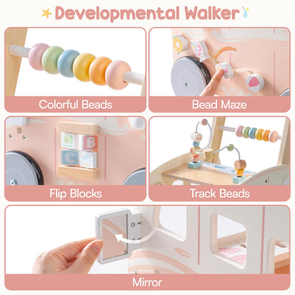 ROBUD Wooden Baby Walker, Height & Speed Adjustable Baby Push Walker with Anti-Slip Wheels, Developmental Activity Center with Ocean Vacation Theme, Wooden Walkers for Babies Learing to Walk，Pink