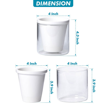 D'vine Dev 4 Inch Design Self Watering Planter for Indoor Plants, White Terracotta Pots with Cylinder Glass Cup, 37-X-A-2