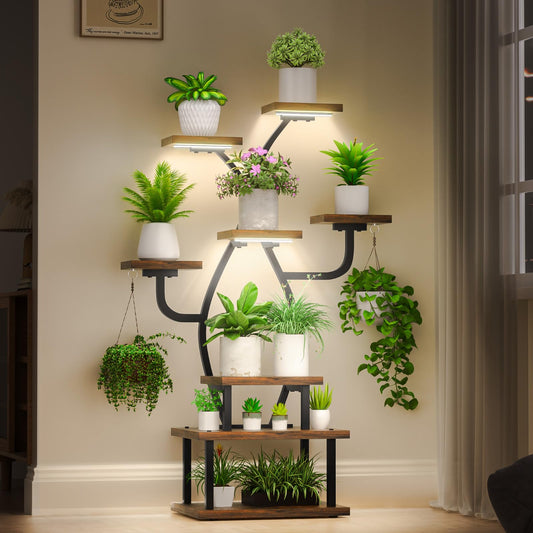 Tovve Plant Stand Indoor with Grow Light, 8 Tiered 48" Small Plant Shelf, Corner Plant Stand Stand for Indoor Plants Multiple, Metal Humen-Shaped Plant Flower Holder, for Living Room, Patio, Balcony