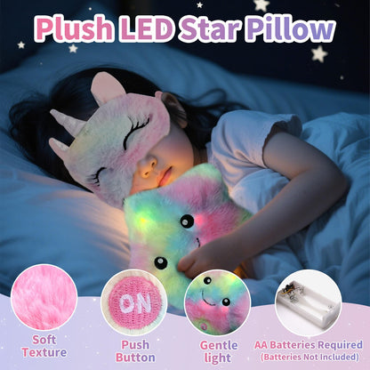 FIIOEOY Unicorn Gift Box for Girls Age 6-8, Unicorn Plush Toy Set with Glow in The Dark Blanket Light Up Star Pillow Eye Mask Crossbody Bag, Birthday Gifts for Daughter Niece