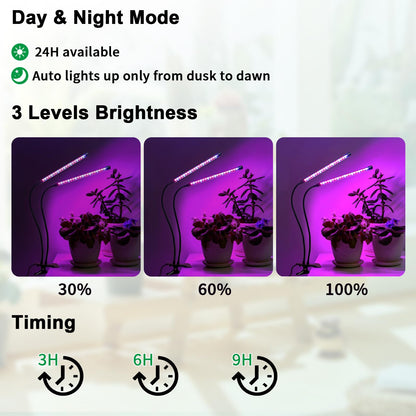 ladate Solar Grow Lights with Batteries, 2 Heads Clip Plant Growing Lamp with Red Blue Spectrum for Indoor Plants, 3/9/12H Timer, 3 Dimmable Level, Adjustable Gooseneck,3 Switch Modes, Auto On Off