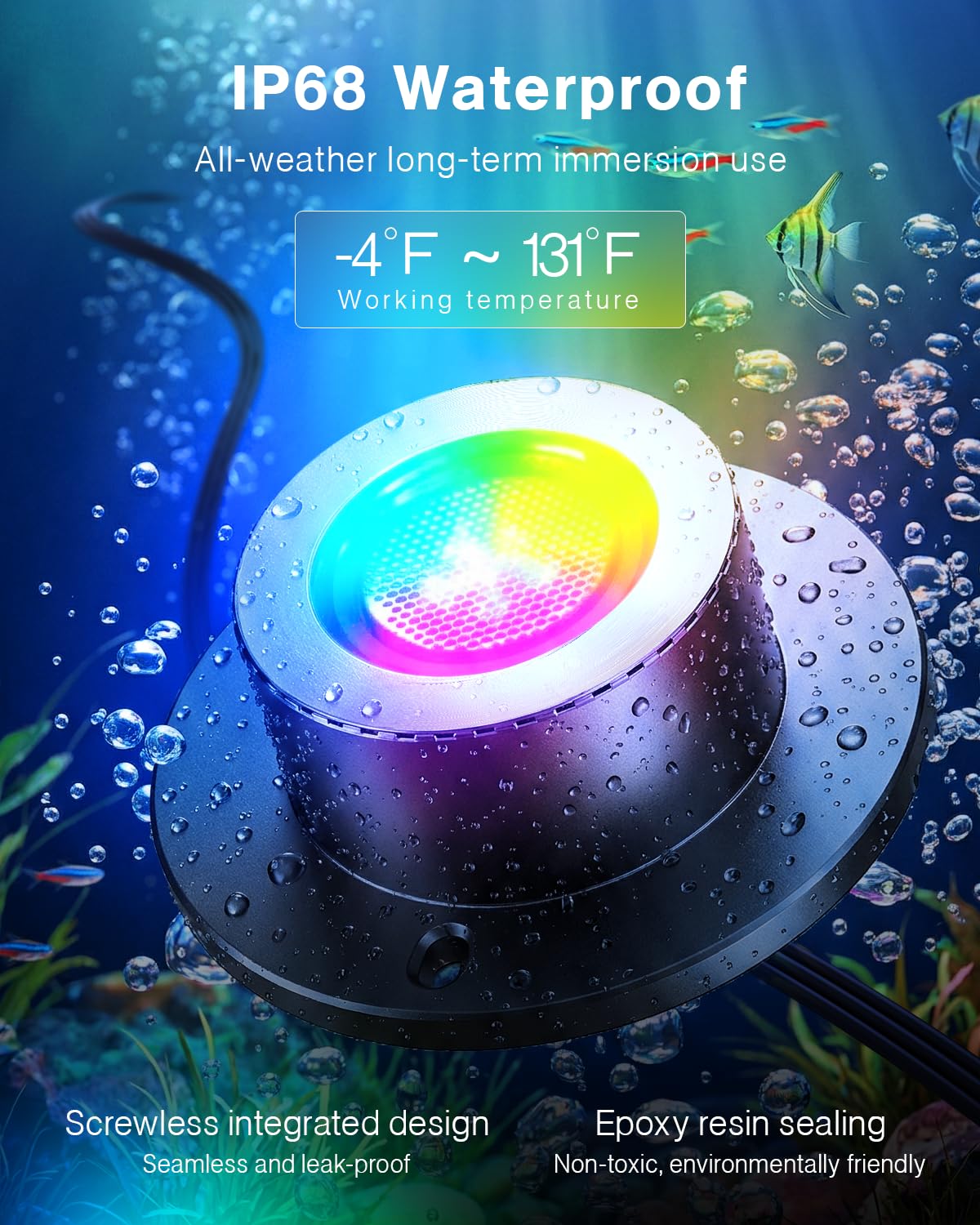 HIBOITEC LED Pond Lights, RGBWW Underwater Fountain Light with 12V Timer Transformer,Photocell Light Sensor, IP68 Waterproof Outdoor Underwater Lights for Outdoor Ponds Garden, 6 Head