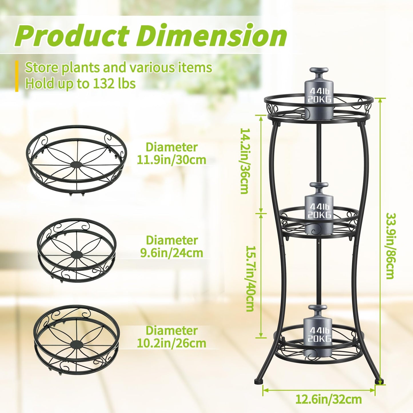 KMOTASUO 3 Tier Tall Metal Plant Stand, 33 Inch Plant Stands Indoor Outdoor, Rustproof Iron Flower Pot Holder Display Rack for Corner Patio Garden Balcony Living Room(Black)