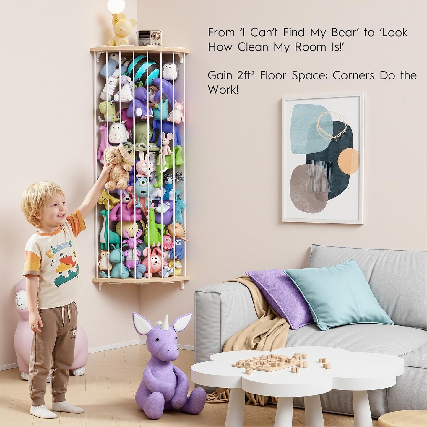 Zayysoha Corner Stuffed Animal Storage Zoo, Large Adjustable Solid Wood Plush Toy Organizer, Hanging Stuffie Holder Shelf & Cage with Engraved Dinosaur Star Moon for Kids Nursery Playroom
