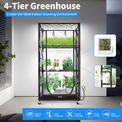 JESLED Indoor Greenhouse with Grow Light - Full Spectrum 5000K LED for Seed Starting, Tiered Lighting Control, Built-in Timer & Thermo-Hygrometer, Rolling Metal Plant Stand (23.6x13.8x59 in)