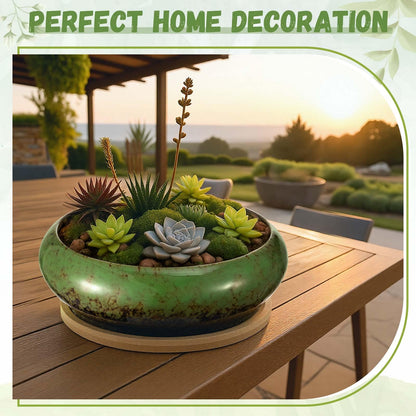 Acellegic 2 Pack 7.3 Inch Round Large Shallow Succulent Ceramic Planter Pots with Drainage Hole Drip Glazed Shallow Bonsai Pot with Bamboo Tray for Indoor Outdoor Plants Decor Cactus Flower