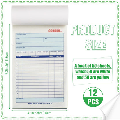 Lincia 12 Pads Sales Order Books 2 Part Carbonless (White/Canary Yellow) Receipt with Carbon Copies Cover Receipt Form Invoice 50 Sets Per Book (4.18 x 7.2 Inch/ 10.6 x 18.3 Cm)