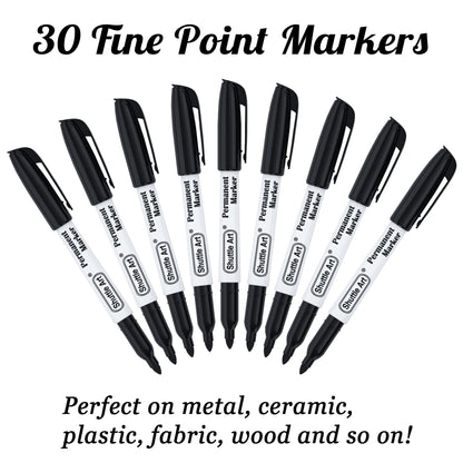 Shuttle Art Permanent Markers, 30 Pack Black Permanent Marker set, Fine Point, Works on Plastic, Wood, Stone, Metal and Glass for Doodling, Marking
