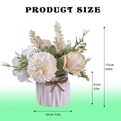 Artificial Potted Flowers White, Small Ceramic Vase Fake Flower Plants Desktop Decoration Indoor for Home and Office, Faux Flowers Hydrangea Decora for Table,Bookshelf,Bedroom,Living Room.(White)