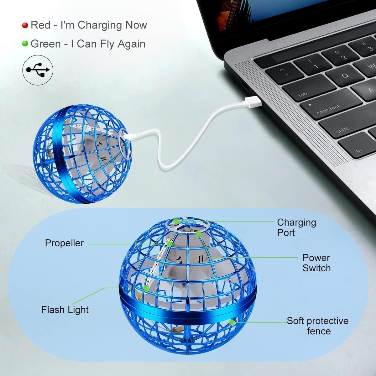 Junywell Flying Orb Ball Toy, Hover Hand Mini Drone Cosmic Globe, Fly Spinners for Kids Adults Indoor Outdoor Toys, Cool LED Lights Toys for 6 7 8 9 10+ Years Old Boys Girls Gift Blue
