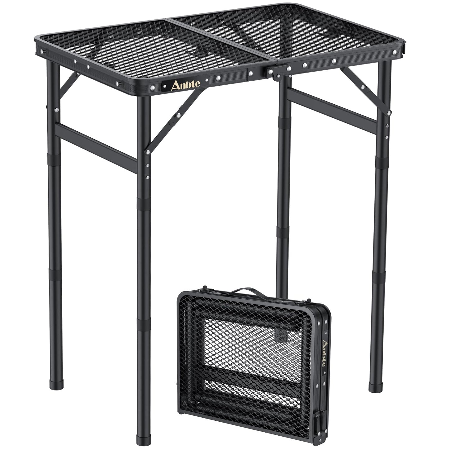 Anbte Folding Grill Table, Aluminum Camping Table Adjustable Height Max 27.5" Picnic Table Outdoor Table, Lightweight, Portable Handle for Travel Cooking BBQ Picnic, 22.8" x 16", Black