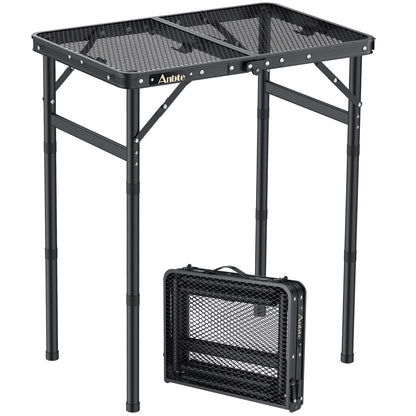 Anbte Folding Grill Table, Aluminum Camping Table Adjustable Height Max 27.5" Picnic Table Outdoor Table, Lightweight, Portable Handle for Travel Cooking BBQ Picnic, 22.8" x 16", Black