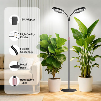 Dual-Head Grow Lights for Indoor Plants, Full Spectrum Plant Lights with 23.5-67" Adjustable Height Stand, 3 Growing Modes with Timer 3/9/12H, Dimmable Halo Grow Lights for Large Tall Plants