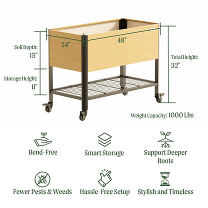 Rolling Elevated Garden Bed, 2' x 4' Metal Woodgrain Elevated Outdoor Planters Boxes with Legs & Storage Rack for Patio, 1000 lbs Weight Capacity, Raised Beds for Gardening Herb Flowers Vegetables