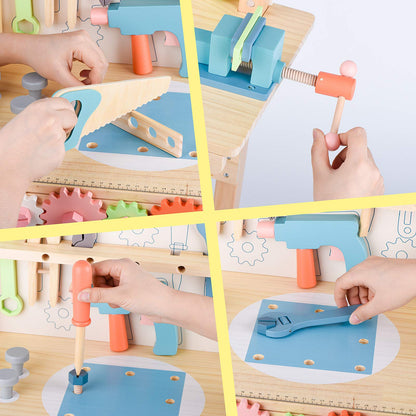 Tool Bench for Kids Toy Play Workbench Wooden Tool Bench Workshop Workbench with Tools Set Wooden Construction Bench Toy for 3 4 5 Year Boys Girls