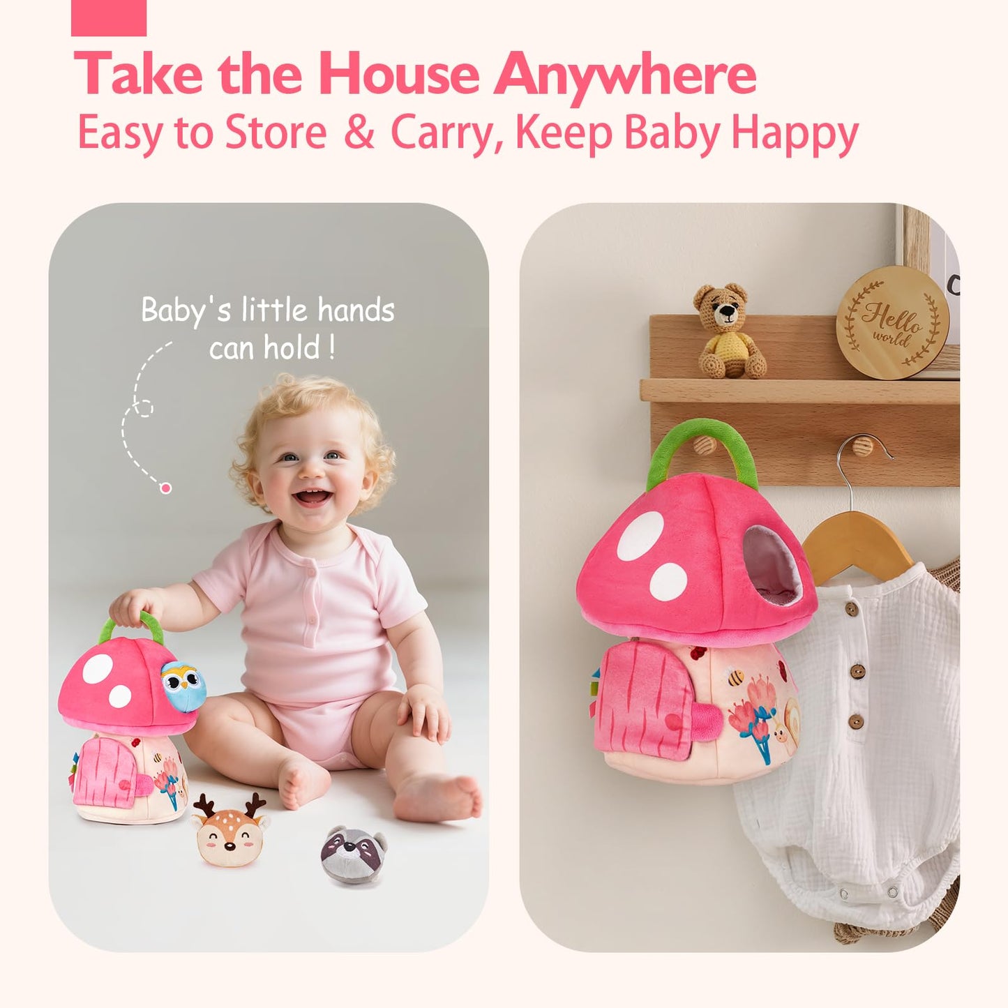hahaland Baby Toys 6-12 Months - Montessori Toys for 6 Month Old Girl, My First Mushroom House with Stuffed Jungle Animals, Rattle, Crinkle Paper, Mirror, Sensory Toy Baby Girl Gifts
