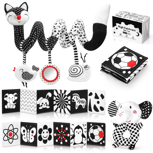 AJsupojouet High Contrast Black and White Baby Toys 3-Piece Newborn Essentials Set with Hanging Toys,Rattle Crib Mobile,baby Book & Car Seat Stroller Toys for 0-3-6-12 Months Infant Development