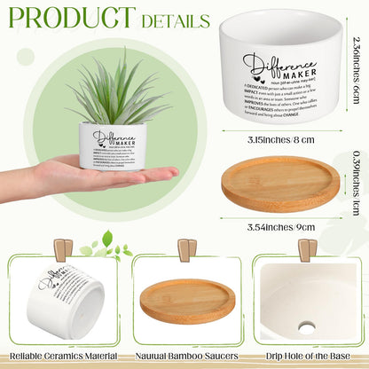 SEEWEY 12 Pcs Difference Maker Employee Appreciation Gifts Succulent Pots Bulk Inspirational for Coworker Team Small Ceramic Plant Pots with Bamboo Trays for Office Staff Women Men