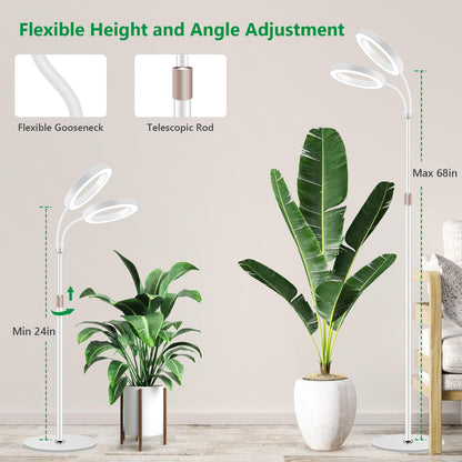 Aumtrly Large Plant Light for Indoor Plants, 2 Head Full Spectrum Grow Light with 68" Adjustable Stand for Growing Large Tall Plants, White Halo Floor LED Grow Lamp with 16 Hour Timer