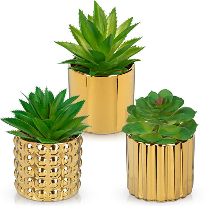 Briful Succulents Plants Artificial in Gold Ceramic Pots (Set of 3), Small Fake Plants for Home Office Desk Decor – Modern Mini Potted Succulents for Bathroom, Bedroom, Living Room Table, Shelf