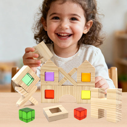 kuchisity Wooden Building Blocks Set for Kids, 60 PCS Rainbow Acrylic Gem Cubes Stacking Blocks, Montessori Stacking Toy for Toddlers Educational Toy Early Learning Gifts for Boys Girls 3-6 (60)