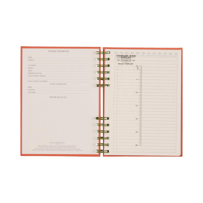DesignWorks Ink Standard Issue Notebook No. 12, Undated Daily Planner & Writing Journal, 192 Lined Pages, Elastic Pen Holder, Small Spiral Notebook for Work & Journaling, 6 x 8.25 in, Army Green + Chili