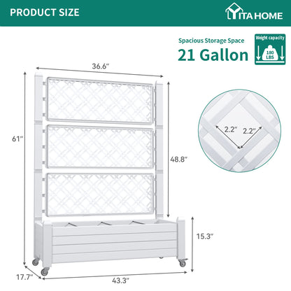 YITAHOME 43.3x17.7x61 in Planter Boxes Outdoor with Trellis, Resin Raised Garden Bed with Wheels & Drain Plug for Climbing Plants, Weather-Resistant Design Elevated Garden Bed with Trellis, White