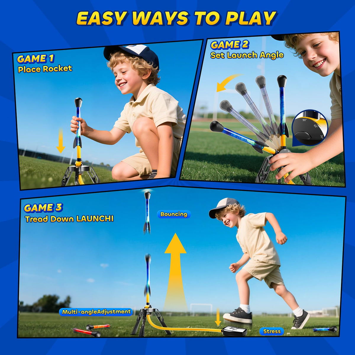 JUKUDAHU Rockets for Kids Age 4-8 with 4 LED Rockets and Launcher - Outdoor Toys for 4 5 6 7 8-12 Year Old Boy Birthday Gift, Air Powered Flying Toy Shooting Up to 100 Feet, Toys for Kids Ages 8-12