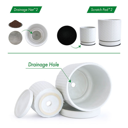 D'vine Dev Set of 2 Modern Matte White Honeycomb Embossed Ceramic Planter Pots with Saucer and Drainage Hole, 4 Inch & 6 Inch, 99-C-1-N
