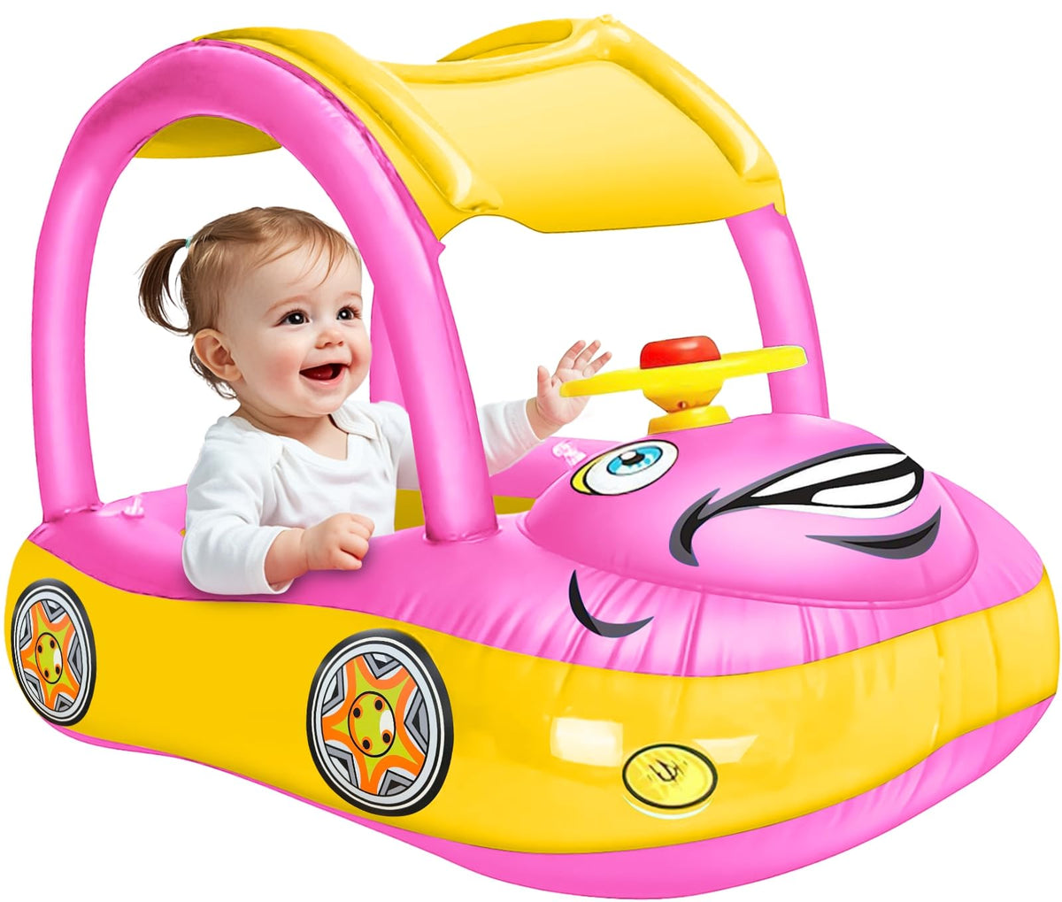 iGeeKid Inflatable Baby Pool Float with Canopy, Safty Seat for Infant Baby Swim Float Rings Car Shaped Swimming Pool Floaties for Babies Toddler Age of 18-36 Months (Pink)