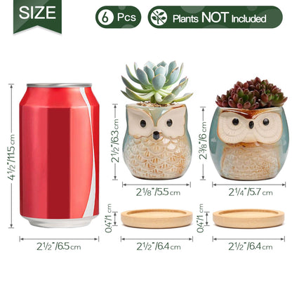 T4U 2.5 Inch Owl Ceramic Succulent Planter Pots with Bamboo Tray Set of 6, Flowing Glaze Porcelain Handicraft Plant Holder Container Gift for Mom Sister Aunt Best for Home Office Garden Decoration