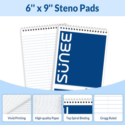 SUNEE 10 Pack Steno Pads 6x9, Gregg Rule, 60 Sheets, Spiral Notebook 6x9, White Paper, Take Notes with Top Spiral Notebook, for School, University, College, Work, Office, Classic Color
