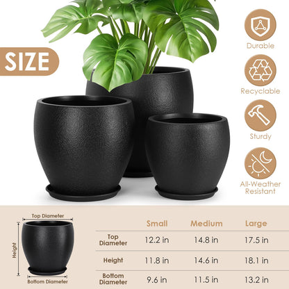 YNNICO Plant Pots 17.5/14.8/12.2 inch Set of 3, Flower Pots with Drainage Holes, Large Planters for Indoor Outdoor Garden Plants and Flowers. (Black)