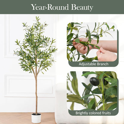 Sillaff Olive Tree 6FT Fake Tree Faux Plants Indoor with Pot Artificial Tree Nearly Natural Olive Branches and Fruits for Living Room Home Office Decorations