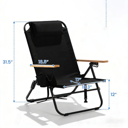 Canpsky Premium Portable Camping Chair 5-Position Recliner Beach Folding Lightweight Outdoor Chair with Wooden Armrests, Headrest, Multi-Pockets Heavy Duty 350lbs, for Patio, Backyard, Night Black