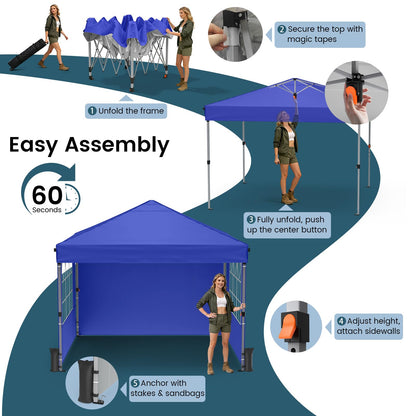 Raynesys Pop Up Canopy Tent with Sidewalls, 10x10ft 10 Person Party Tent One Push Setup, Portable Gazebo Outdoor Sun Shade for Events, Parties, Camping, Commercial, Silver Coated Top, Blue