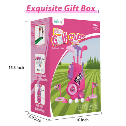 Liberry Toddler Golf Set with Putting Mat for 2 3 4 Years Old Boys Girls, Upgraded Kids Golf Cart with Unique Shoulder Strap Design, Indoor and Outdoor Golf Toys Gifts (Pink)