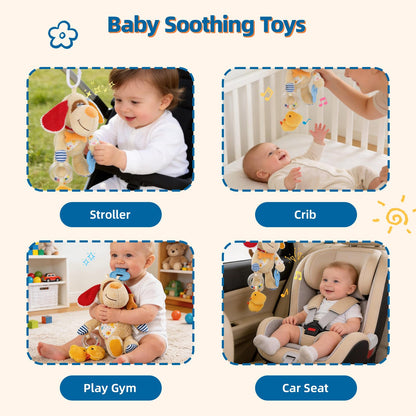 Baby Car Seat Toys for Roadtrip, Hanging Sensory Toys 0 6 12 Months with Teether, Crinkle Paper, Rattles & Squeaker, Montessori Travel Plush Toy for Newborn Infant Boys Girls Gift