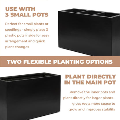 DEPLA LANE Trevano Fiberstone Rectangular Planter (26" L x 9.8" W x 15.7" H) Smooth Finish, Removable Inner Pots, Lightweight, Durable, UV Resistant, Minimalist Indoor Outdoor Plant Pot (M, Black)