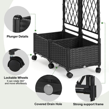 FOLLOOK Planter Box with Trellis, 4ft Tall Self-Watering Plastic Raised Garden Beds and Lattice Trellis with Lockable Wheels & Drain Plug for Outdoor Patio Backyard Balcony, Black, 2 Pcs