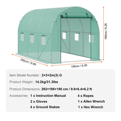 VEVOR Walk-in Tunnel Greenhouse, 9.6x6.4x6.2 ft Hoop House Greenhouse Tunnel, Plant Hot House with Galvanized Steel Frame, Green PE Cover, Roll-up Zipper Door and 6 Windows for Outdoor