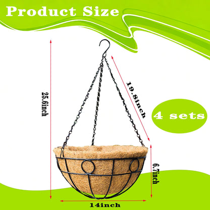 JFFLYIT 4 Pack 14" Round Metal Hanging Basket for Outdoor Plants Durable Large Hanging Planter with Coco Coir Round Plant Holders Planter for Outside Garden Decoration (Circular)