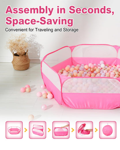 Foldable Ball Pit for Toddlers, Large Pop Up Ball Pits Kids Play Tent Crawl Playpen Ball Pool Playhouse Playpen with Storage Bag, for Boys Girls Dogs Cats Ferrets Indoor Outdoor, Bright Pink