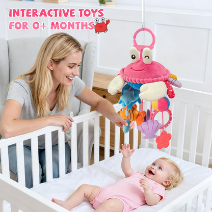 Car Seat Toys for Babies 0-6 Months, Hanging Sensory Crab Plush Toy for Stroller, Crib & Play Gym, Montessori Infant Activity Toy with Mirror, Rattle & Teether, Newborn Baby Gifts 0-12 Months (Pink)