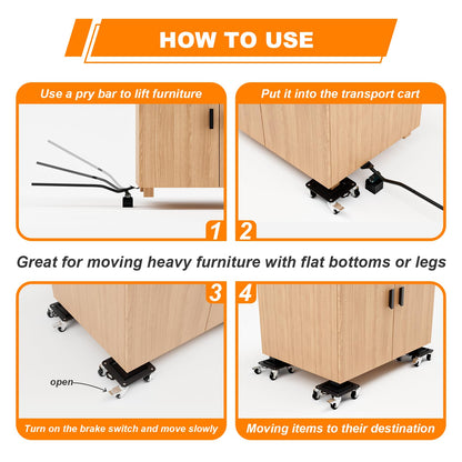 Furniture Dolly 5 Wheels Heavy Duty with Removable Side Guards,3307 Lbs Capacity,360° Rotating Wheels & Tail Brake,Furniture Movers Lifter Tool for Sofas,Beds, Appliances,–Stable,Safe,and Easy to Use