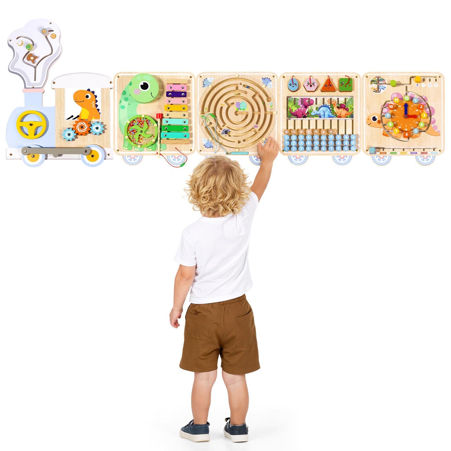 QIESIDM Train Activity Wall Busy Board,Wooden Montessori Sensory Toys,15-in-1 Sensory Wall Panel for Kids, Toddler Educational Toys for Playroom,Preschool,Daycare,Nursery,Classroom